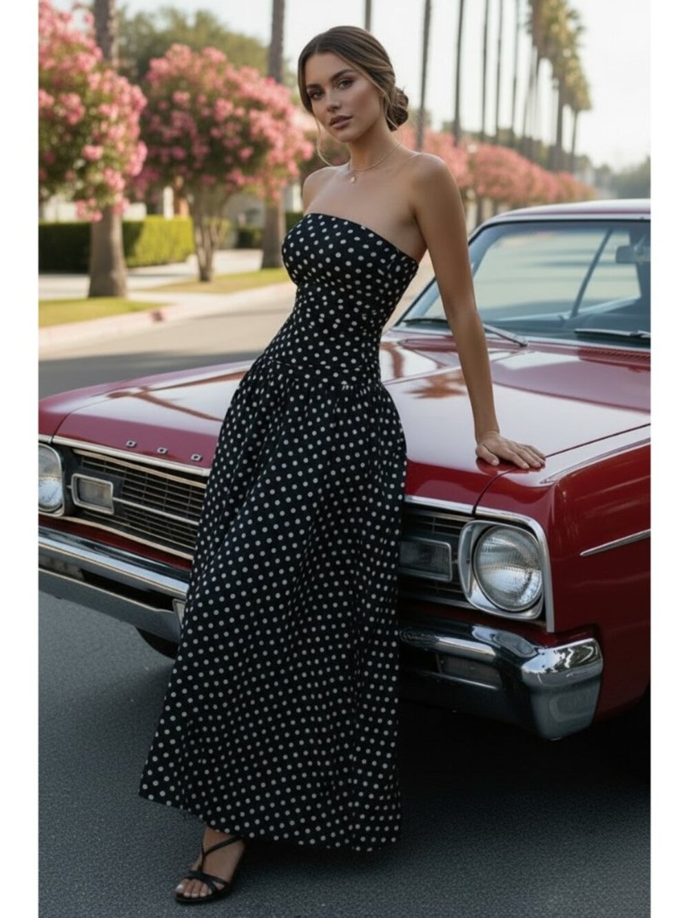 Retro Polka Dot Bandeau Strapless Ruched Drop Waist Fit & Flare Maxi Dress
